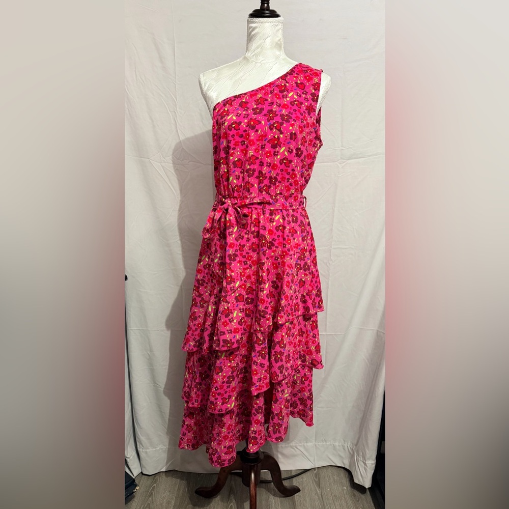 Pink Floral Vibrant Tiered A Line Dress with one Shoulder and Waist Tie